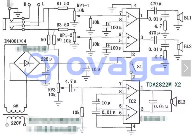 TDA2822M to make a simple stereo 2.1 channel amplifier circuit